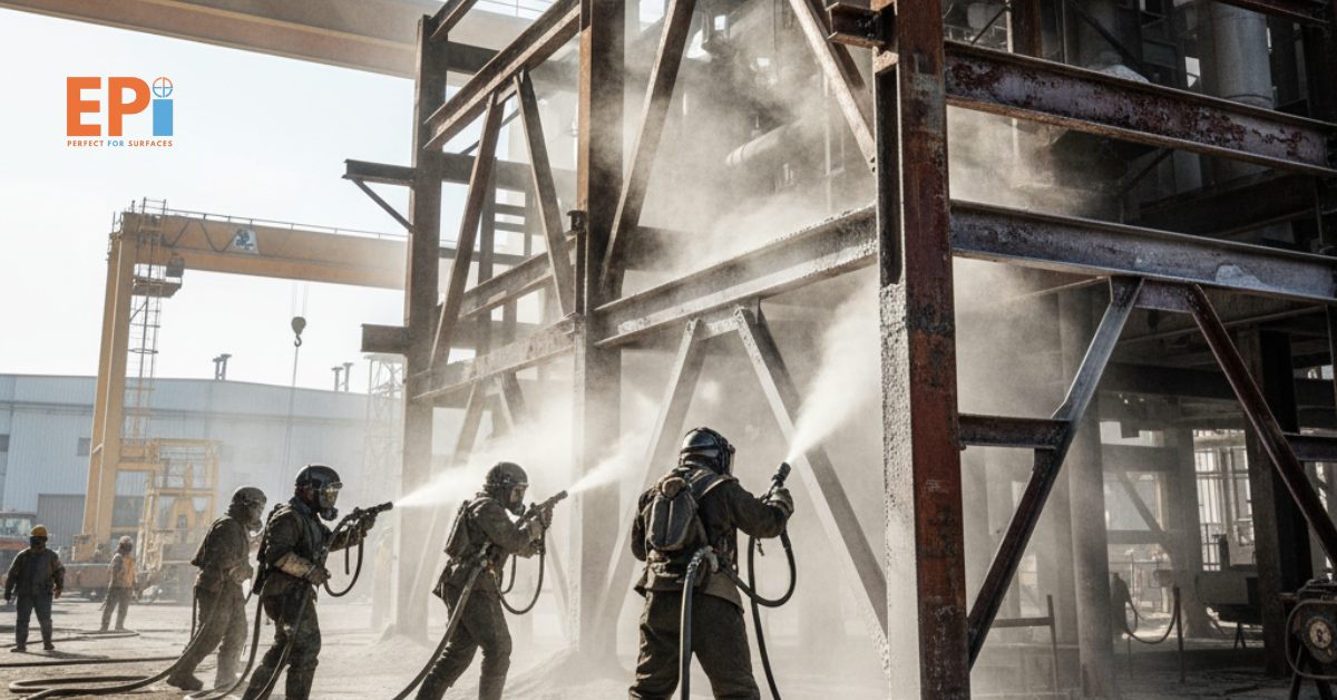 Proses blasting sedang dilakukan di area proyek industri untuk membersihkan permukaan baja secara merata sebelum pengecatan ulang.