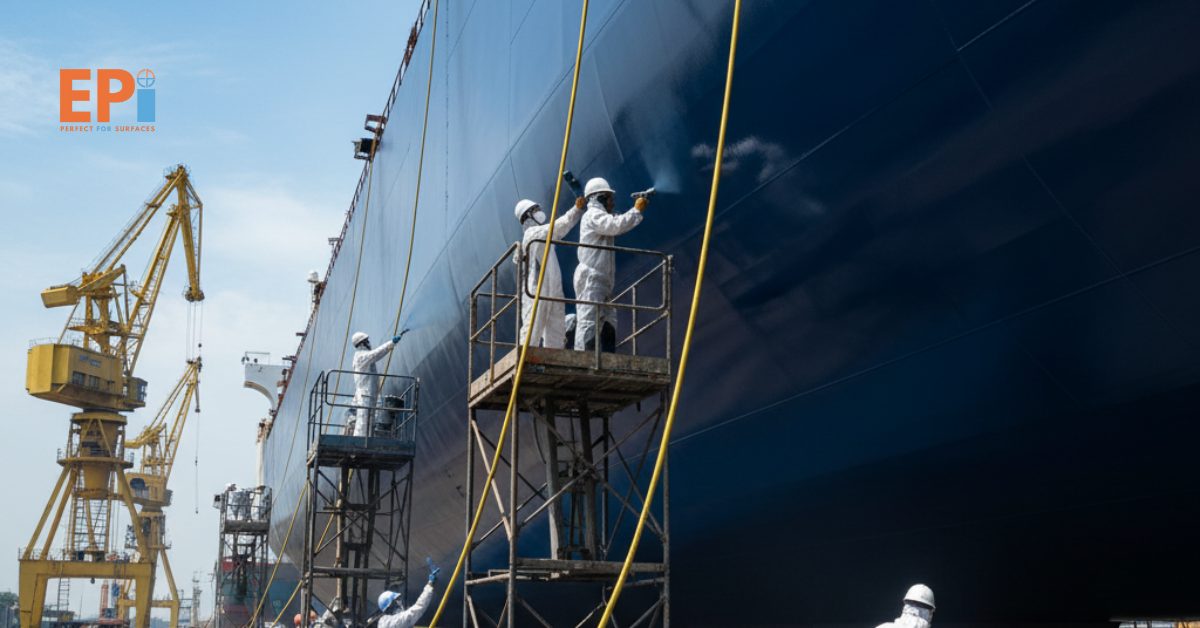 “Pekerja sedang melakukan pengecatan ulang badan kapal di galangan Banyuwangi dengan cat anti karat untuk perlindungan maksimal terhadap air laut.”