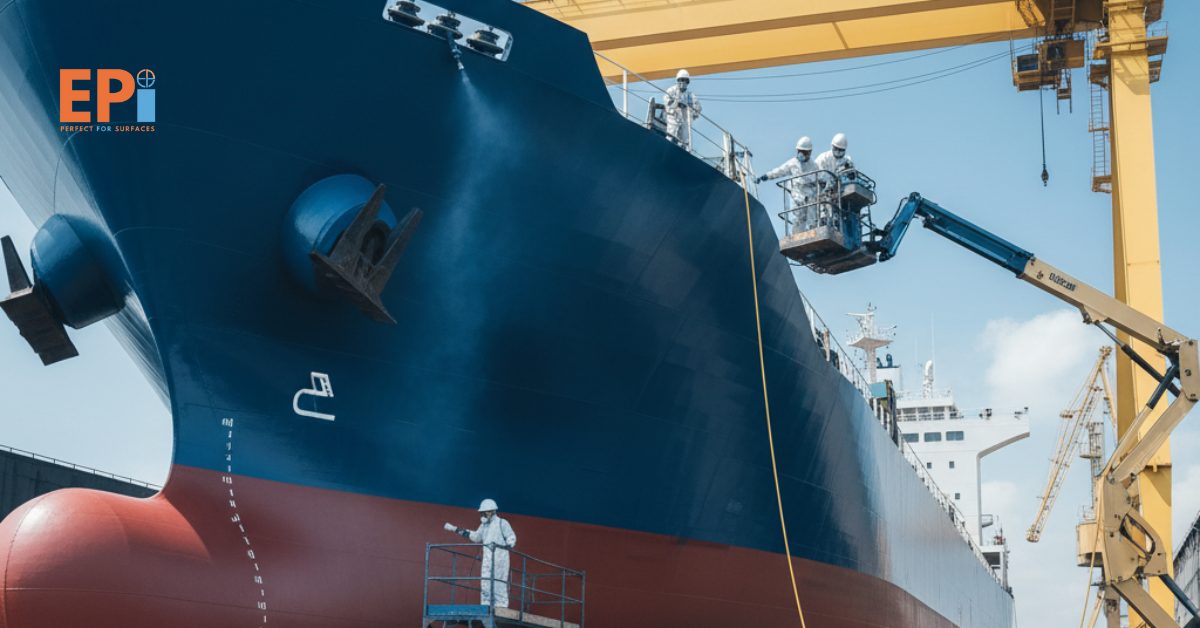 “Tim kontraktor sedang melakukan pengecatan ulang pada badan kapal di galangan Tarakan dengan cat marine anti karat berkualitas tinggi.”