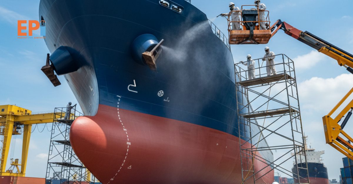 Tim kontraktor sedang melakukan pengecatan ulang pada lambung kapal di galangan Kendari untuk melindungi permukaan dari karat dan air laut.