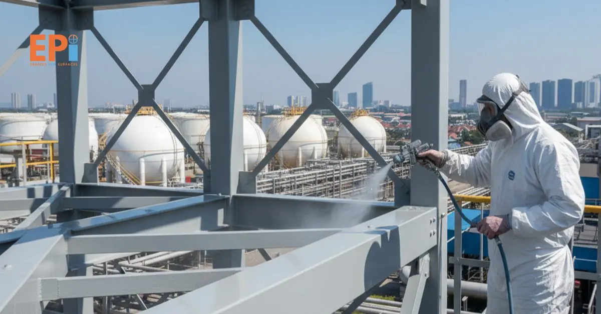 Teknisi profesional sedang mengaplikasikan protective coating pada permukaan baja di area industri Tangerang, menggunakan alat semprot cat dan perlengkapan safety lengkap, hasil permukaan tampak halus, mengkilap, dan terlindungi dari korosi.