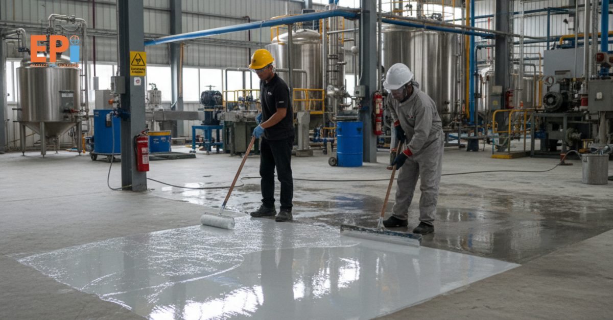 Pekerja profesional sedang mengaplikasikan chemical resistance coating pada lantai pabrik kimia di Depok, permukaan tampak mengkilap dan terlindungi dari bahan korosif.