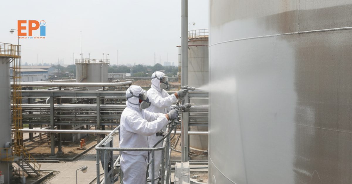 Pekerja profesional sedang mengaplikasikan chemical resistance coating pada tangki penyimpanan di area industri Bekasi, menggunakan alat semprot cat berkualitas tinggi untuk melindungi permukaan dari bahan kimia korosif.