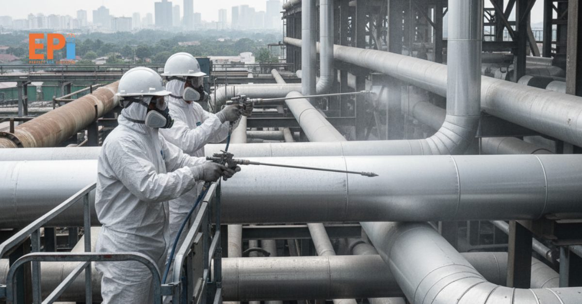 Pekerja kontraktor sedang mengaplikasikan heat resistant coating pada pipa industri di Jakarta, menggunakan alat semprot profesional, permukaan logam tampak halus dan terlindungi dari suhu tinggi.