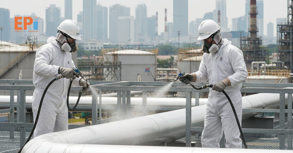 Teknisi profesional sedang mengaplikasikan heat resistant coating pada pipa industri di Jakarta Barat, memakai alat pelindung lengkap dengan latar pabrik aktif dan hasil pelapisan tampak rapi serta tahan suhu tinggi.