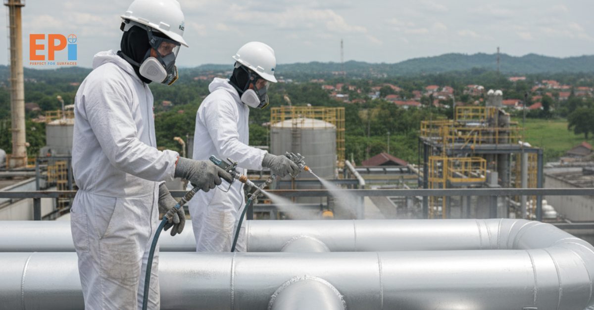 Pekerja kontraktor sedang mengaplikasikan cat heat resistant pada pipa industri di Bogor, menggunakan alat semprot profesional dengan hasil lapisan halus dan tahan suhu tinggi.