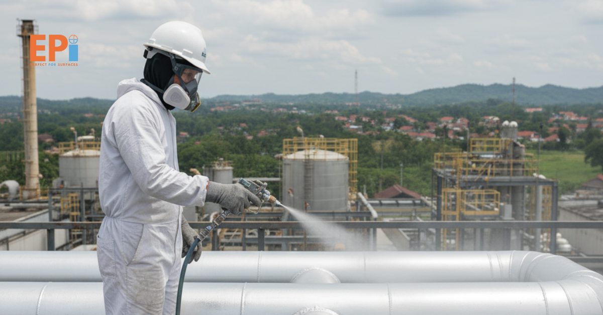 Teknisi profesional sedang mengaplikasikan heat resistant coating berwarna silver pada pipa industri di Tangerang menggunakan semprotan khusus, melindungi permukaan logam dari suhu tinggi.