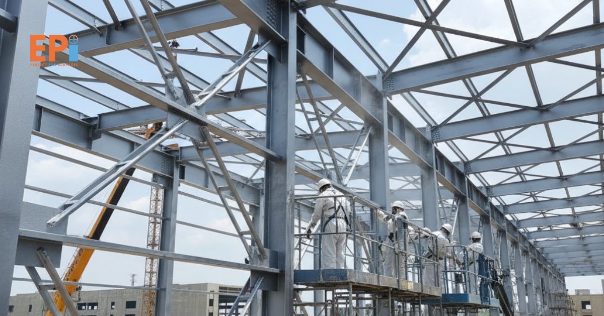 Pekerja profesional sedang mengaplikasikan coating pelindung pada struktur baja besar di area konstruksi industri.