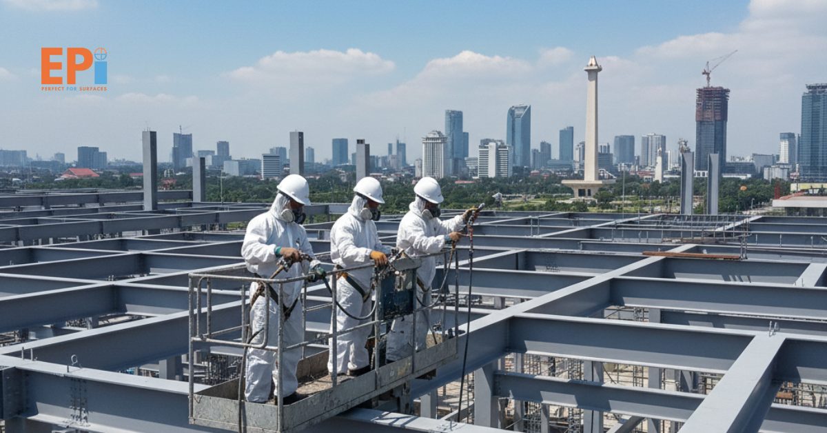 Teknisi profesional menerapkan steel structure coating dengan semprotan khusus pada konstruksi baja di Jakarta Timur.