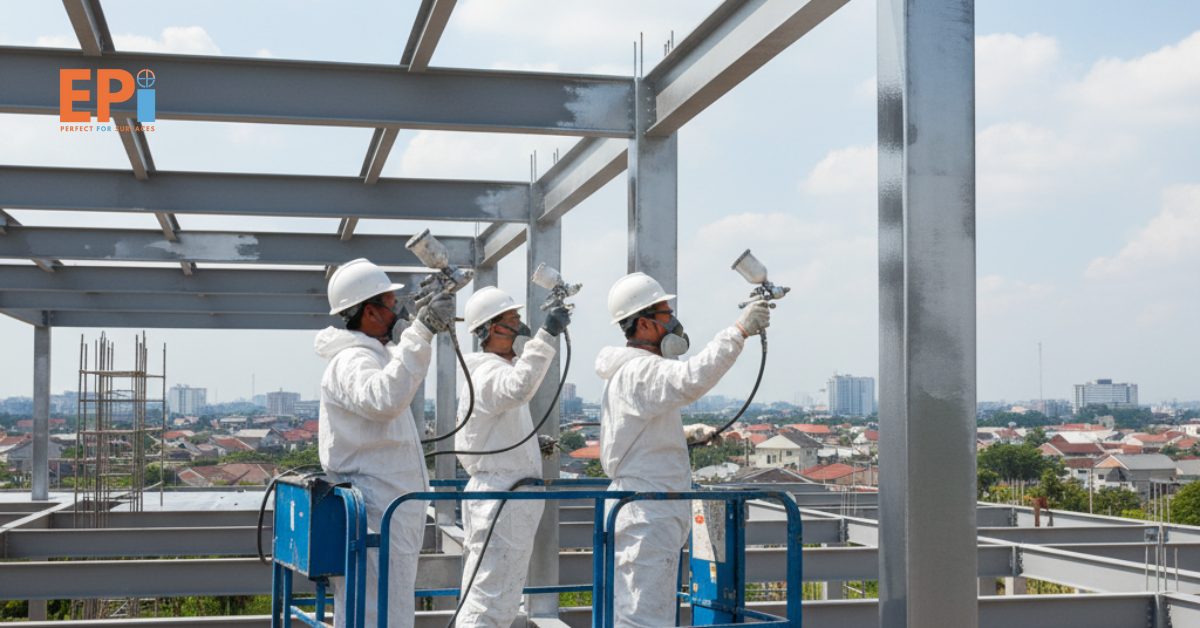Pekerja profesional sedang mengaplikasikan coating pelindung pada struktur baja gedung di Depok untuk mencegah karat dan korosi, hasil akhir tampak rapi dan mengkilap.