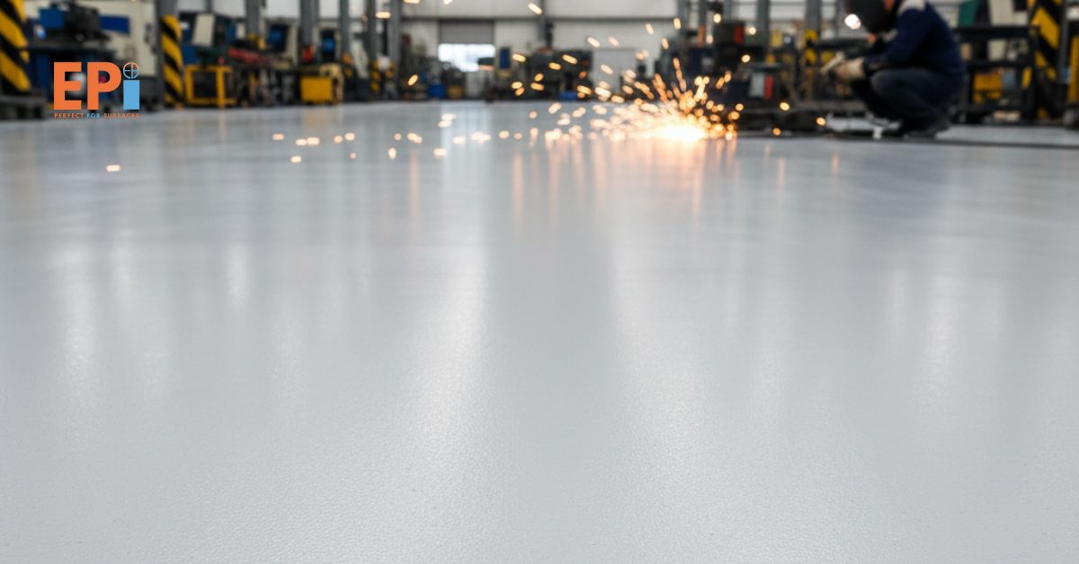 Permukaan lantai industri dilapisi cat epoxy tahan percikan api, menghasilkan lapisan kuat, aman, dan melindungi dari panas berlebih.
