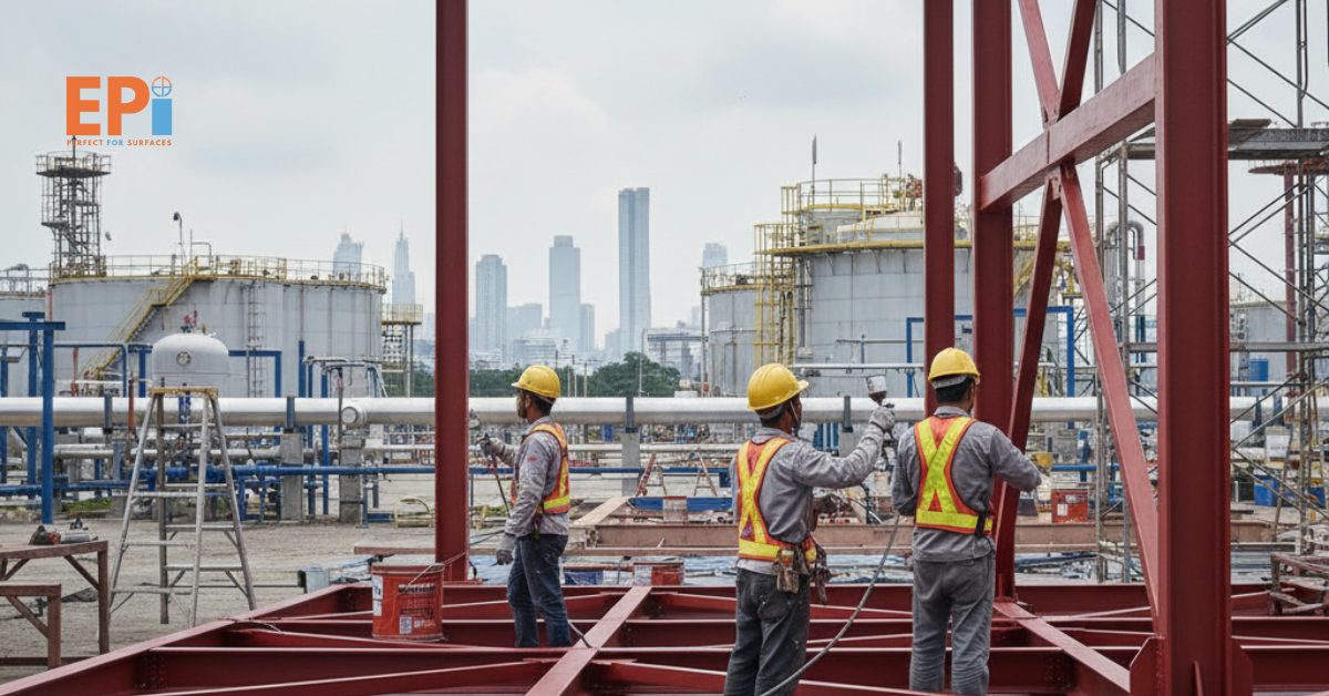 Pekerja profesional sedang melakukan pengecatan struktur baja di proyek industri Jakarta menggunakan cat khusus steel painting agar tahan karat dan cuaca.