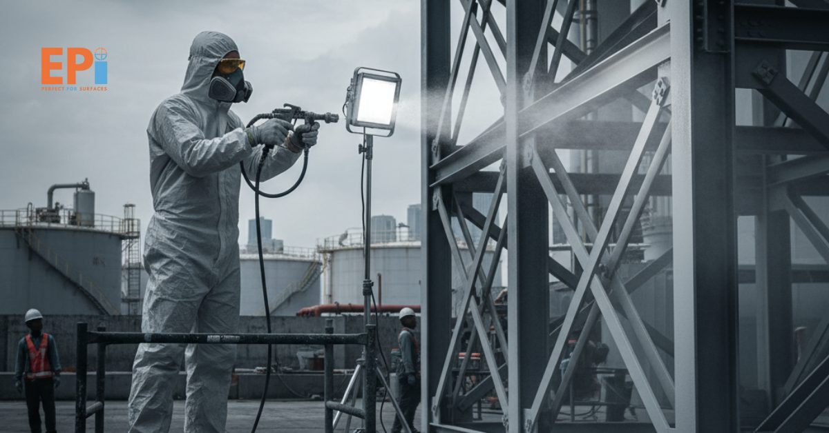 Teknisi aplikator melakukan pengecatan baja dengan spray gun di area industri Jakarta Selatan, hasil halus dan tahan lama.
