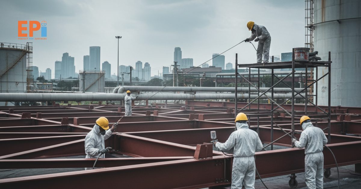 Pekerja profesional sedang melakukan proses pengecatan baja di proyek industri Jakarta Barat, menggunakan cat pelindung berkualitas untuk mencegah karat dan memperpanjang umur struktur baja.