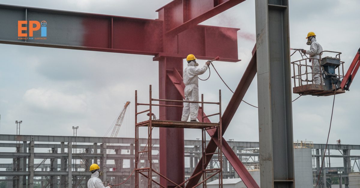 Teknisi profesional sedang melakukan proses pengecatan baja di area proyek industri Bogor menggunakan cat khusus anti karat untuk hasil tahan lama dan rapi.