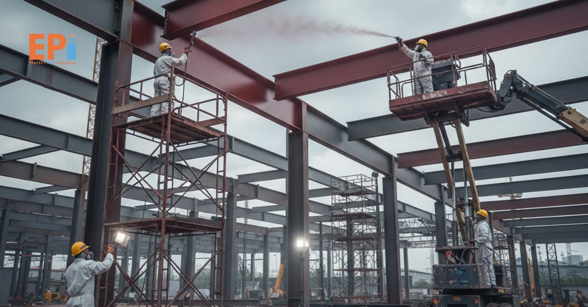 Pekerja profesional sedang melakukan pengecatan baja menggunakan spray gun di area proyek industri Tangerang untuk hasil rapi dan tahan karat.