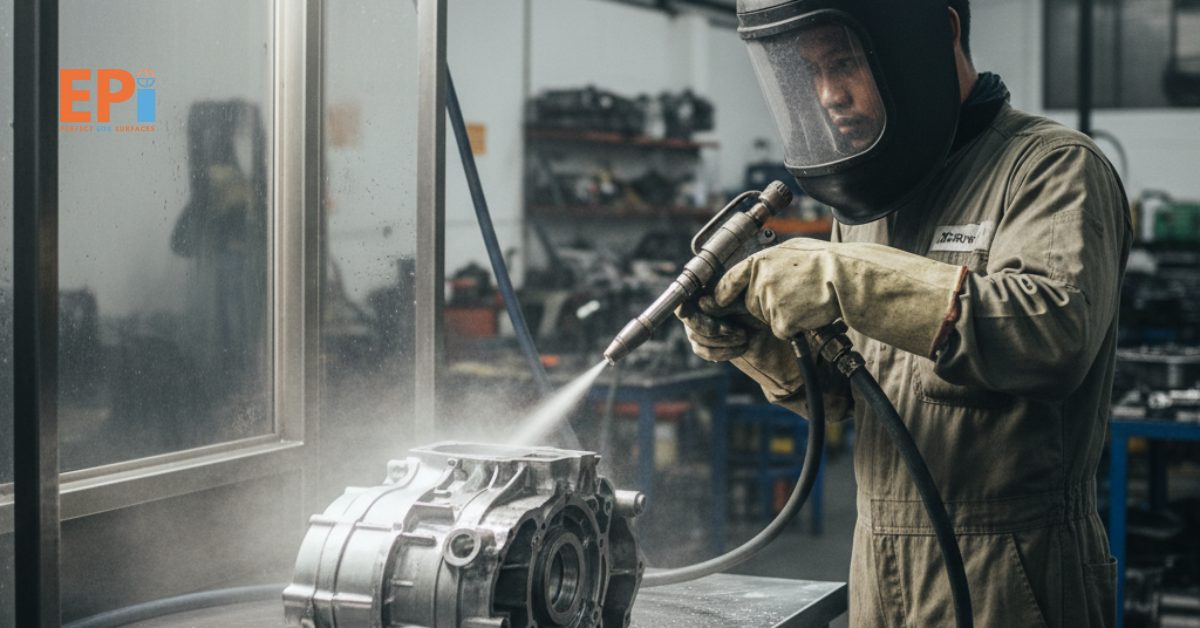 Teknisi sedang melakukan proses vapor blasting pada permukaan logam di Bogor, menghasilkan hasil akhir bersih dan halus.