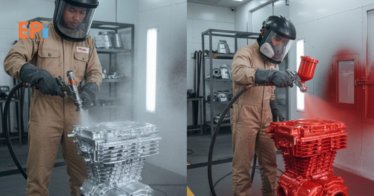 Proses vapor blasting dan painting profesional di workshop industri Tangerang untuk membersihkan dan melapisi peralatan logam.