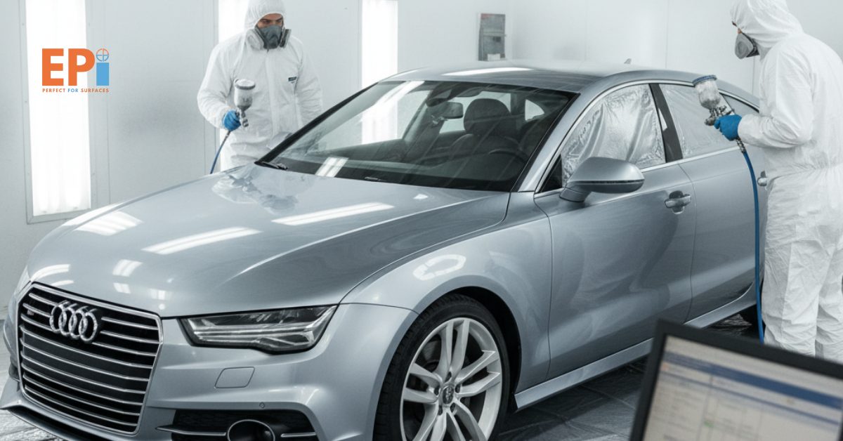 Mobil sedan sedang melalui proses repaint body untuk mengembalikan warna asli yang memudar.