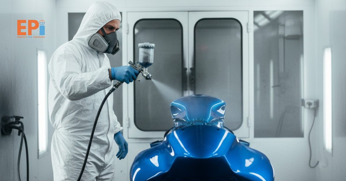 Teknisi sedang mengecat ulang body motor dengan warna baru menggunakan cat oven profesional