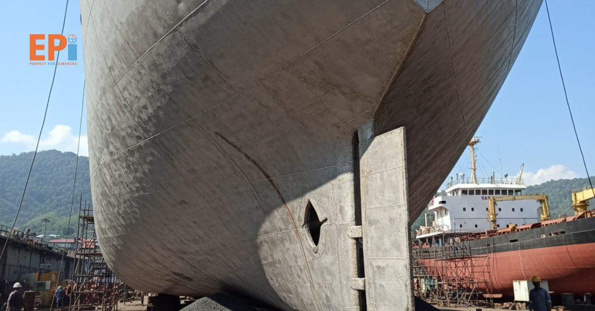 Hasil pembersihan lambung kapal setelah sandblasting di Jayapura dengan tingkat kebersihan standar Sa 2.5.