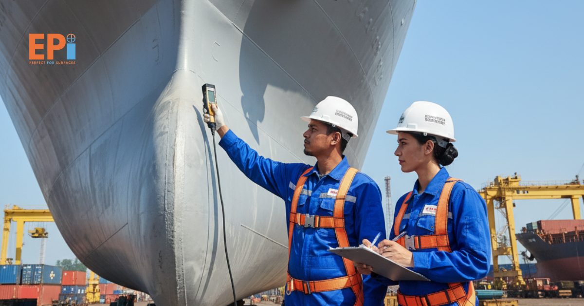 Tim teknisi bersertifikat sedang melakukan inspeksi hasil blasting di galangan kapal Sulawesi Tenggara – memperkuat citra profesionalisme dan sertifikasi kerja.