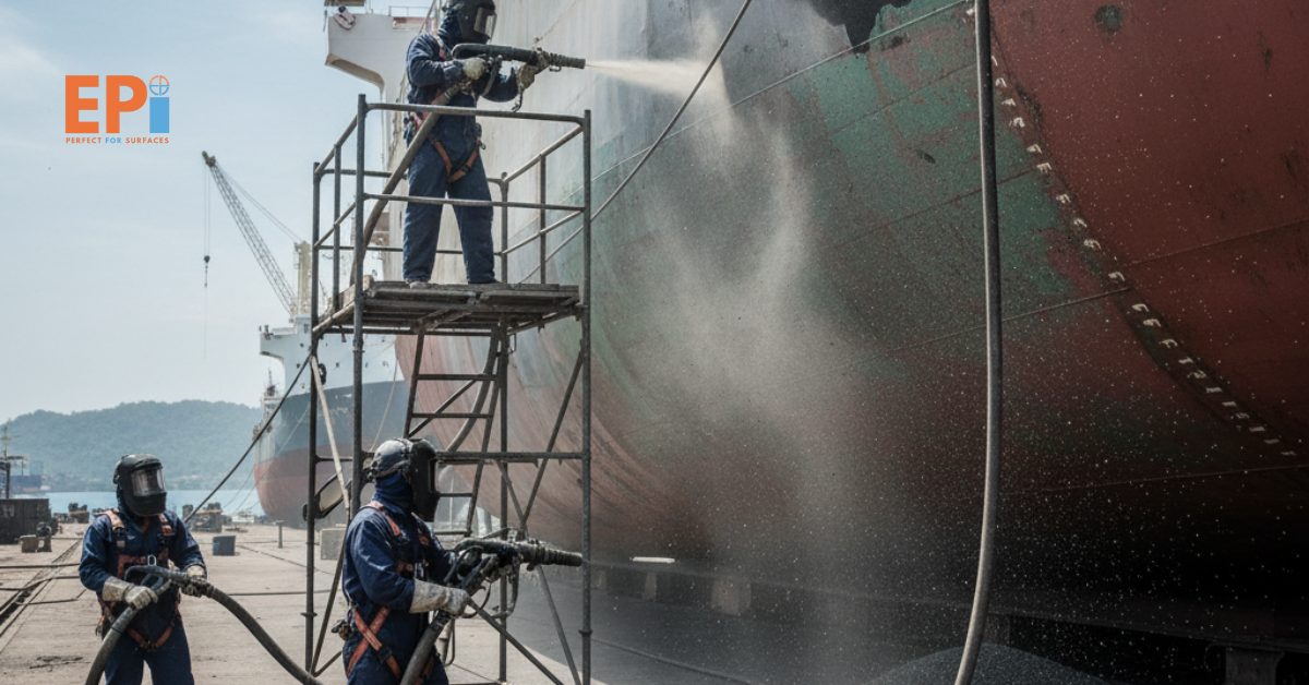 Proses jasa blasting kapal di galangan Makassar untuk membersihkan karat dan cat lama.