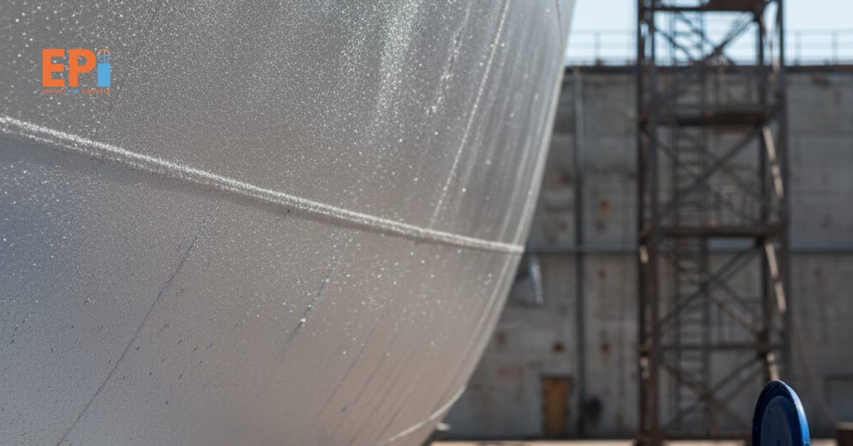 Hasil permukaan baja kapal setelah sandblasting bersih siap dicat marine coating anti karat.