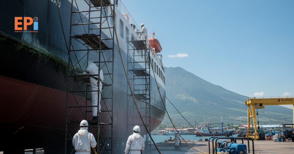 Kapal penumpang di Pelabuhan Ahmad Yani Ternate menjalani proses pembersihan lambung.