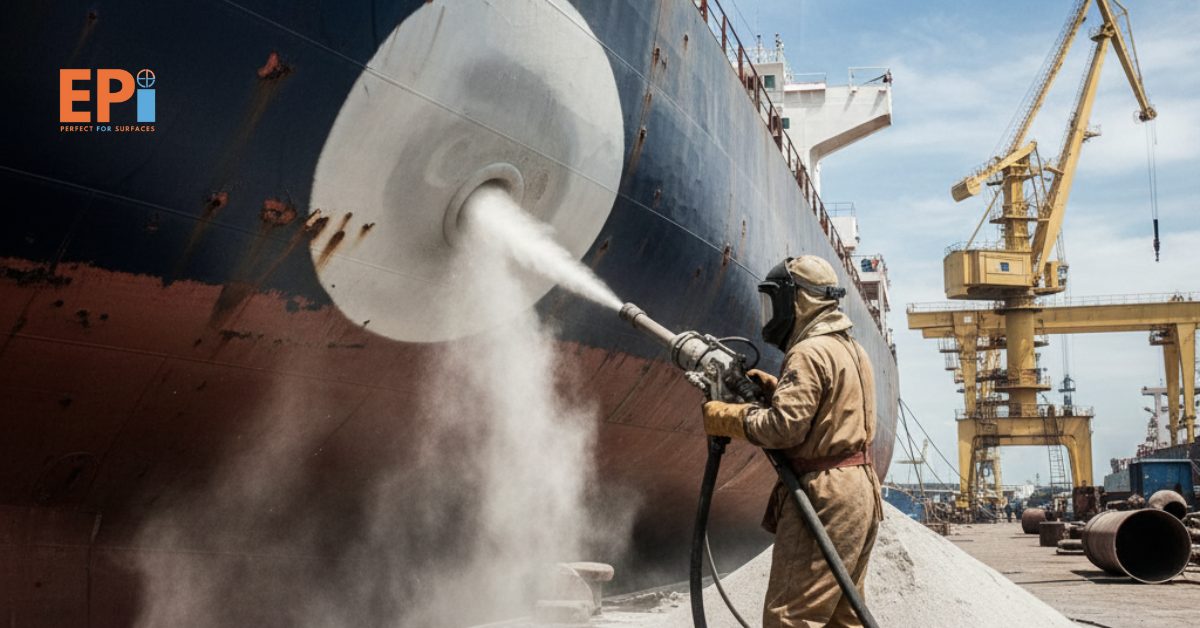 Teknisi melakukan proses blasting pada lambung kapal di galangan Tarakan untuk menghilangkan karat dan cat lama sebelum pengecatan ulang.