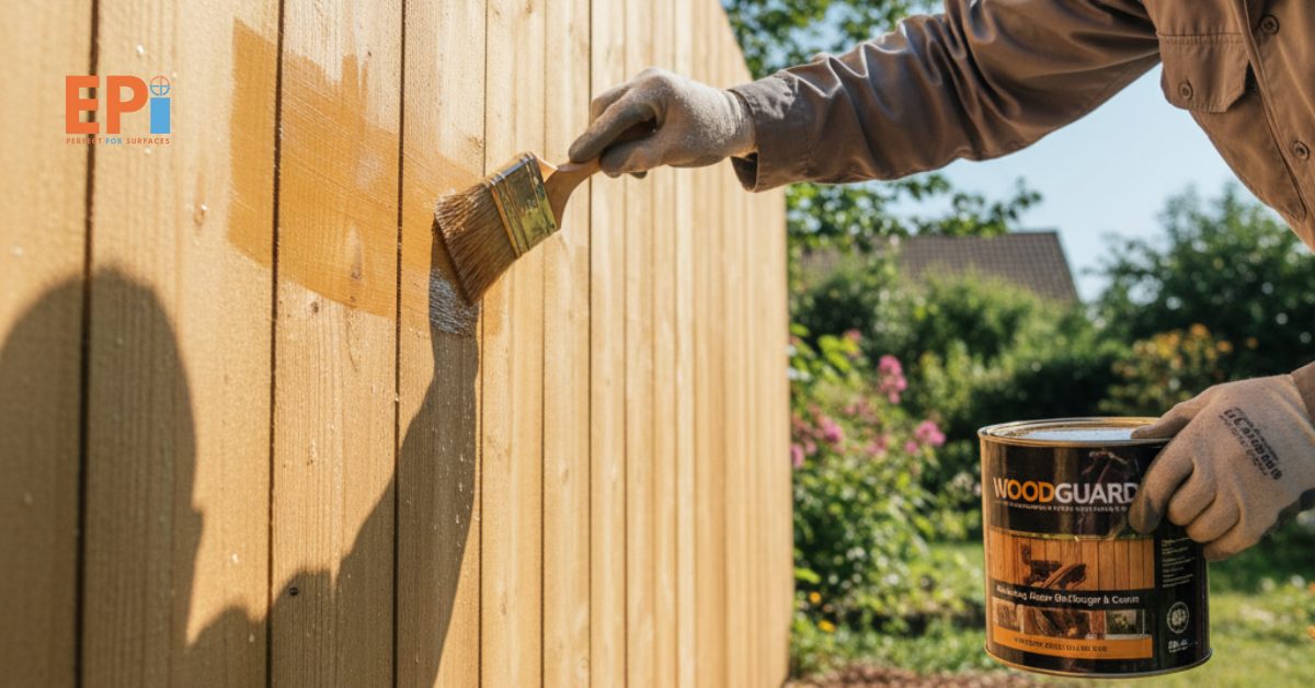 Proses pengecatan kayu outdoor dengan wood preservative untuk perlindungan dari serangga dan cuaca.