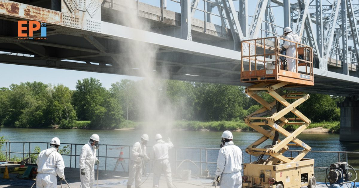 Perbaikan coating jembatan baja menggunakan metode sandblasting dan pengecatan ulang epoxy coating.