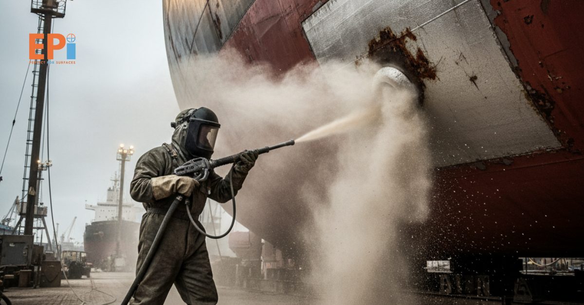 Proses sandblasting kapal untuk membersihkan karat dan cat lama sebelum pengecatan ulang.