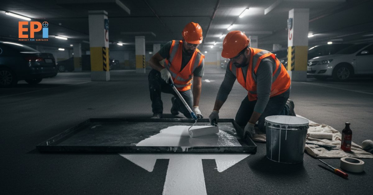 Pekerja mengecat simbol panah arah di area basement parkir.