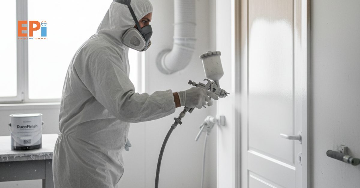 Aplikator sedang melakukan finishing duco putih pada pintu kayu minimalis.