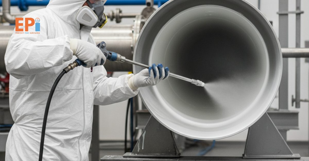 Proses aplikasi epoxy coating pada pipa air bersih industri.