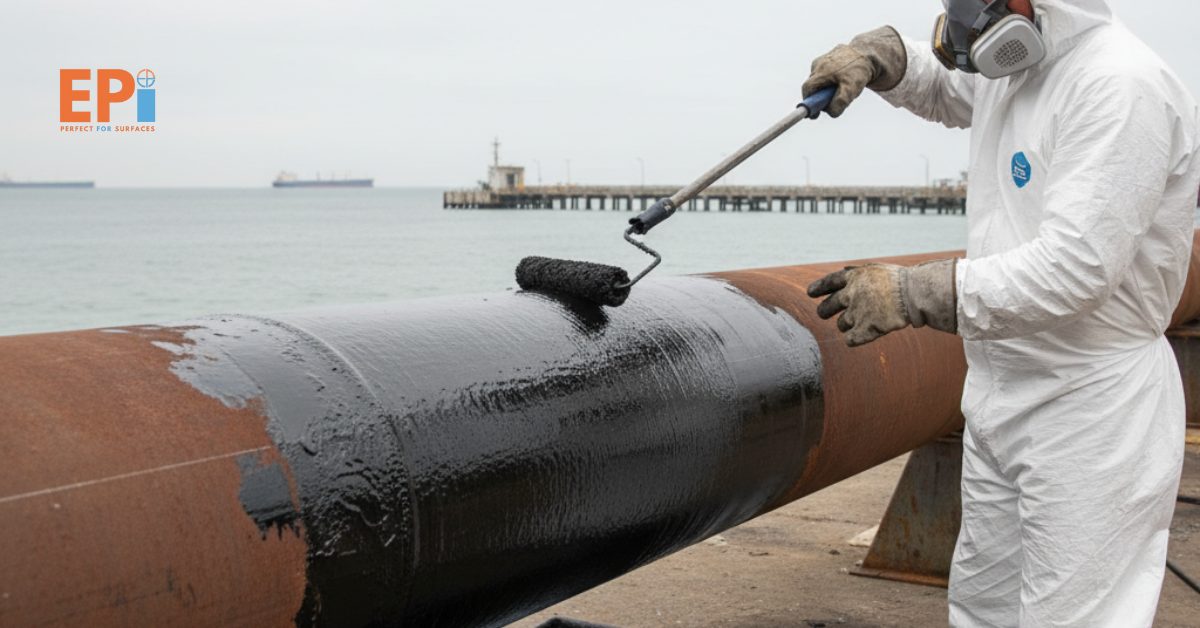 Lapisan pelindung coal tar epoxy pada pipa baja untuk mencegah karat di lingkungan air asin.