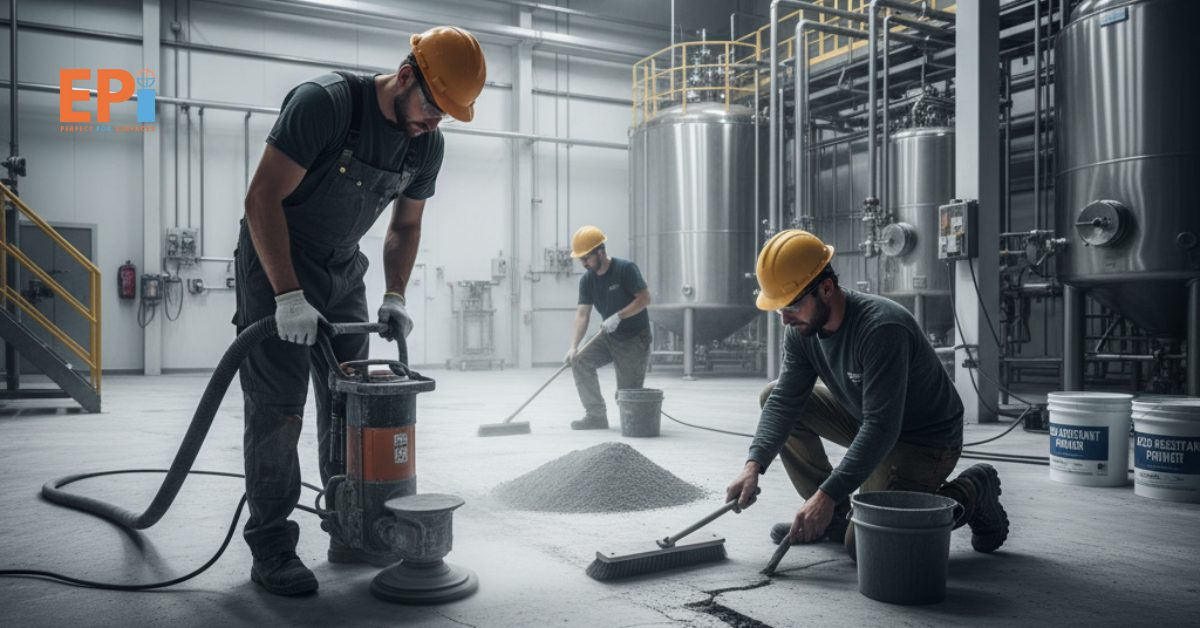 Pekerja melakukan perbaikan lantai sebelum pelapisan epoxy tahan asam