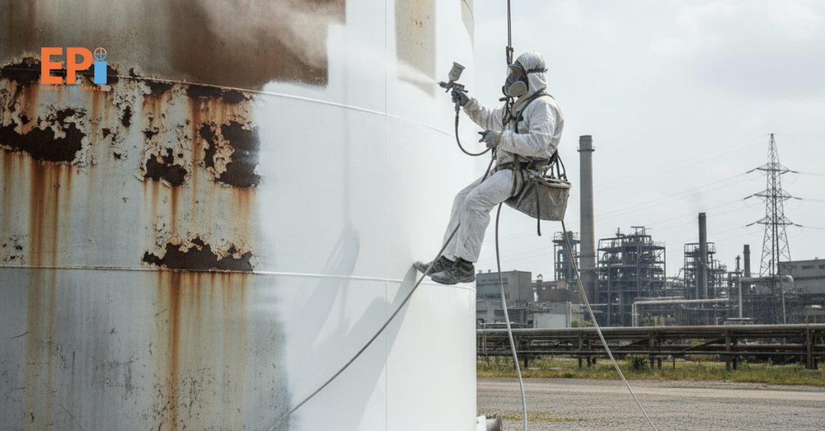 Aplikator melakukan pengecatan ulang tangki air besar di area industri dengan cat anti bocor.