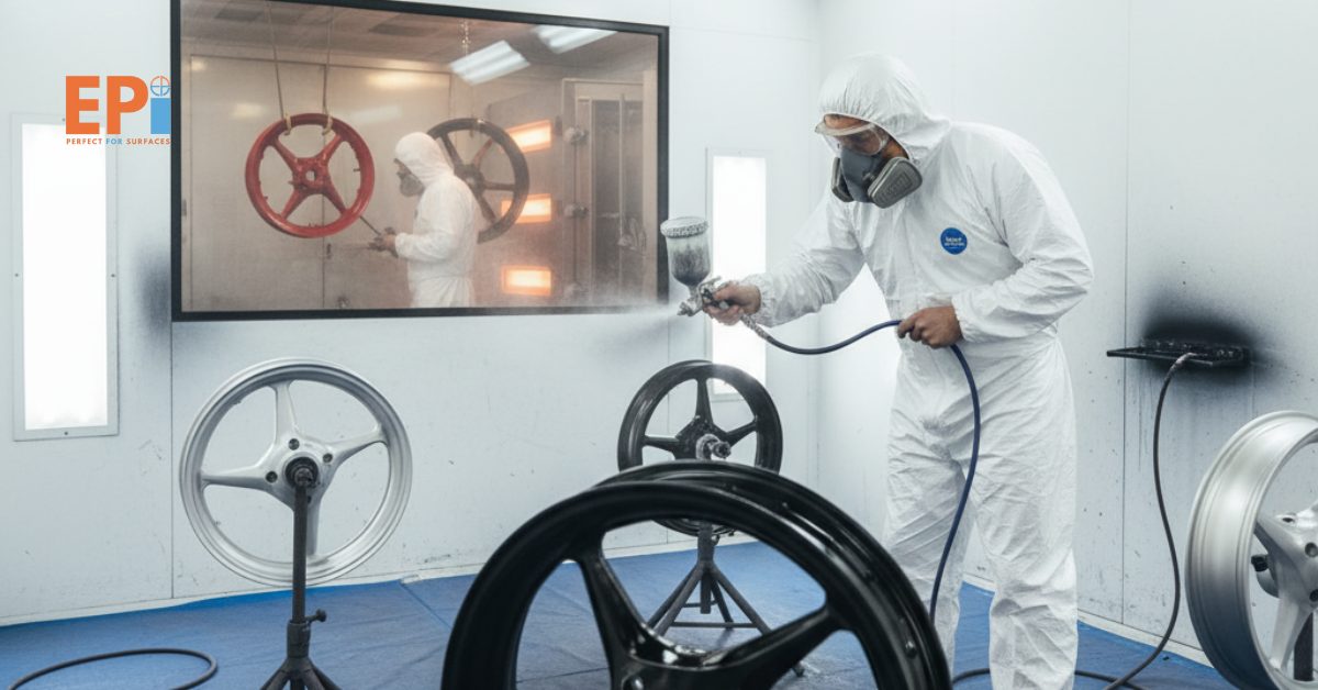 Proses pengecatan velg motor di bengkel profesional