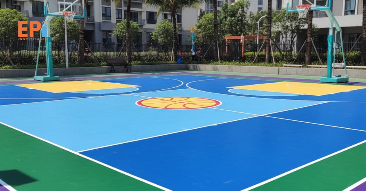 Lapangan basket outdoor dengan lapisan polyurethane (PU) tahan cuaca dan warna cerah.