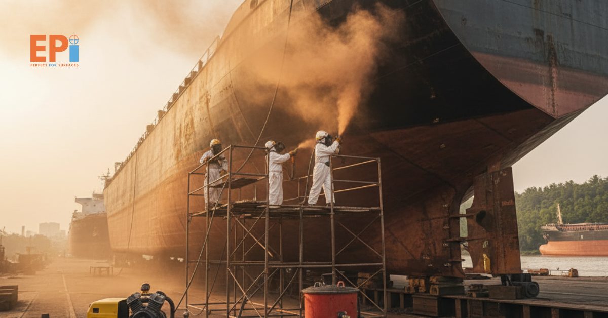 Pekerja melakukan sandblasting lambung kapal tongkang di Samarinda.