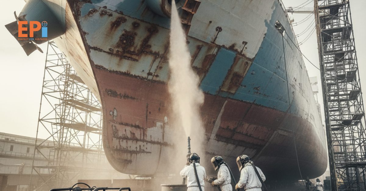 Proses sandblasting lambung kapal laut dengan media steel grit.