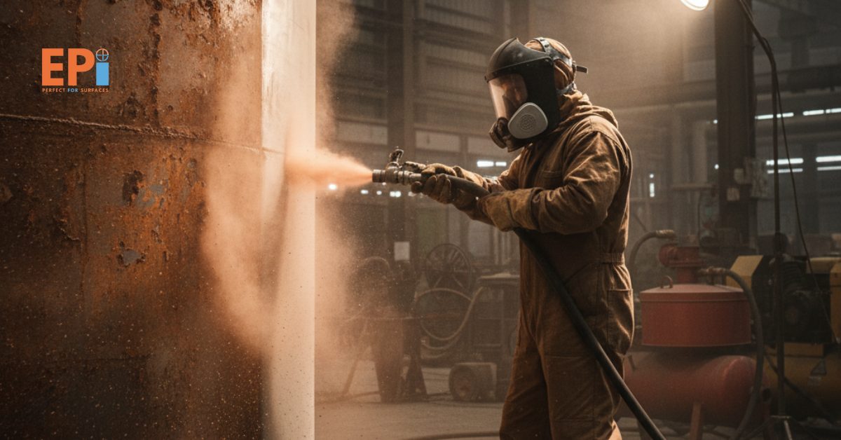 Operator mengarahkan nozzle portable sandblaster untuk membersihkan karat pada permukaan logam.