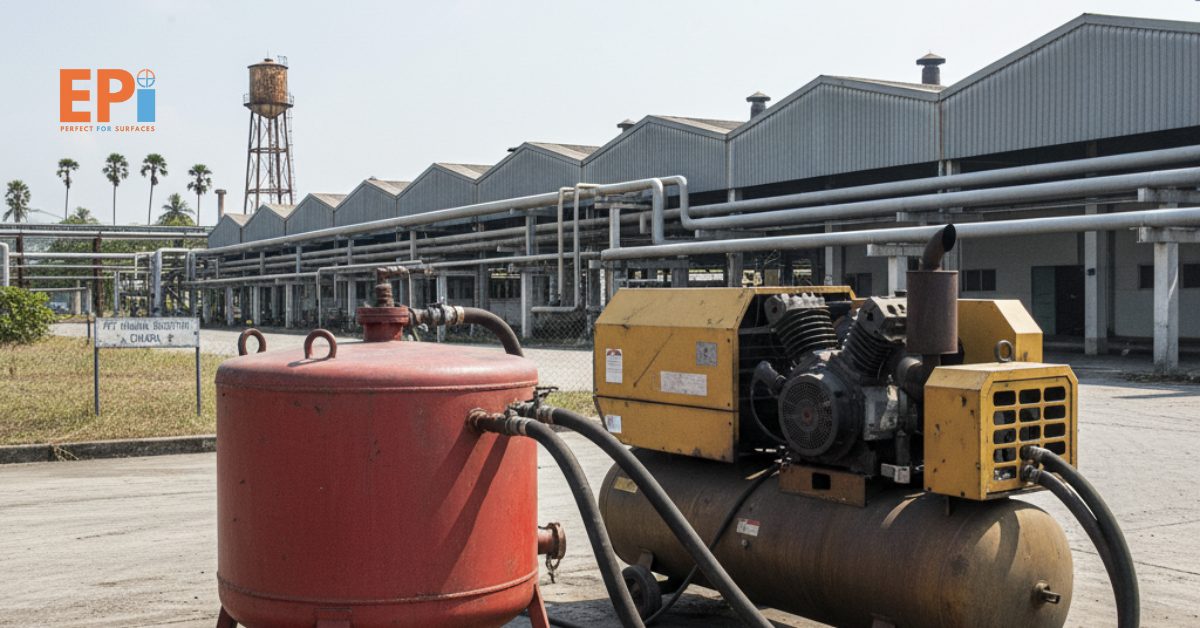 Blast pot dan compressor siap digunakan di area industri Cikupa.