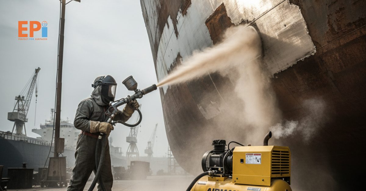 Proses sandblasting menggunakan kompresor Airman diesel 390 CFM