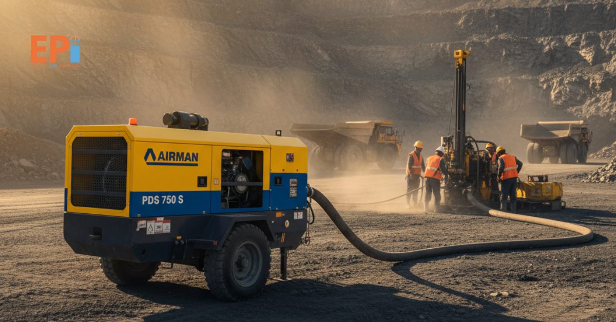 Unit sewa kompresor screw portable Airman PDS 750 S di area pertambangan.