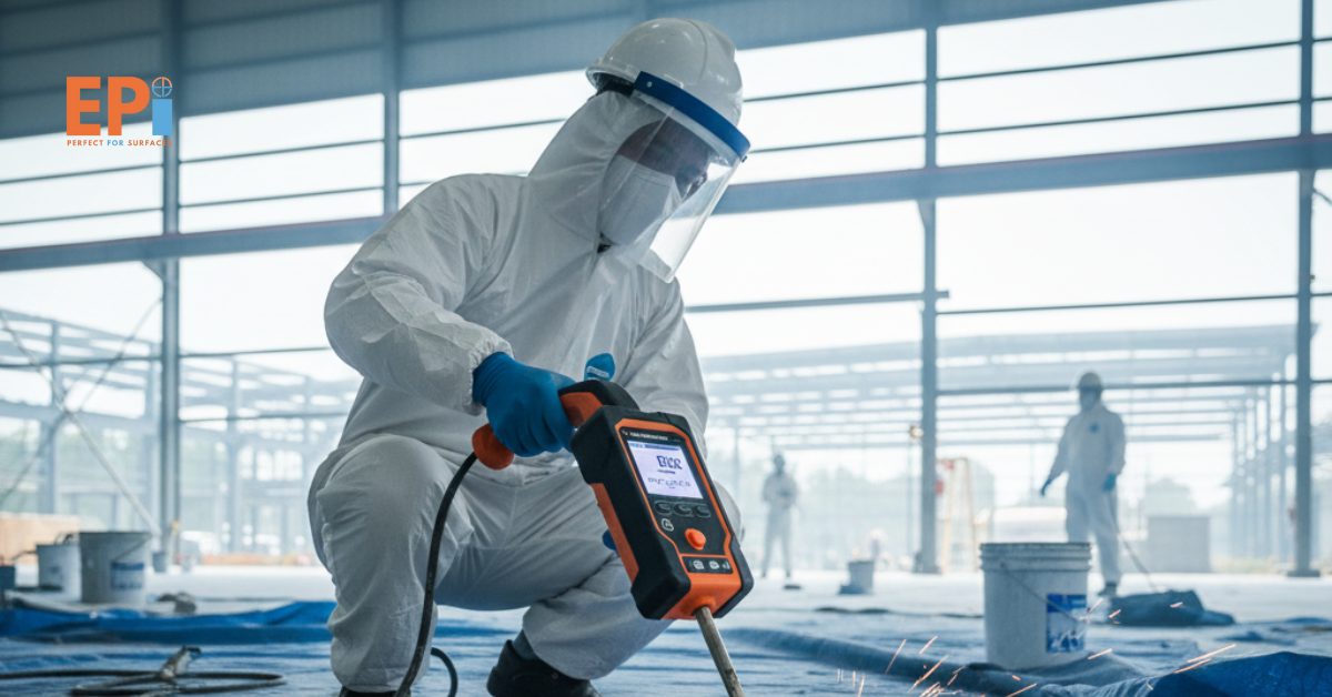 Foto alat Elcometer saat digunakan di area industri Cikarang untuk memastikan lapisan epoxy tidak bocor.