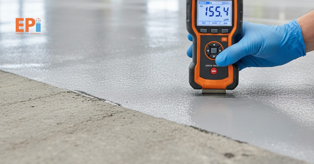 Operator sedang menguji lapisan epoxy menggunakan Elcometer 266 di area proyek