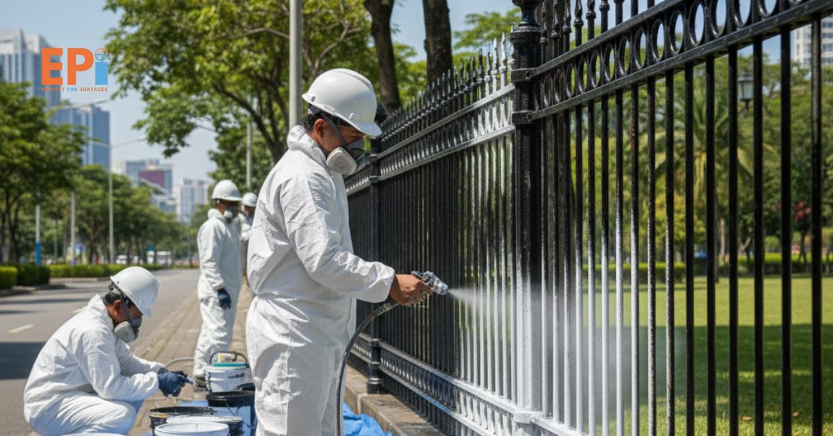 Spesialis pengecatan pagar besi anti karat di Pondok Kelapa sedang mengaplikasikan primer dan top coat.